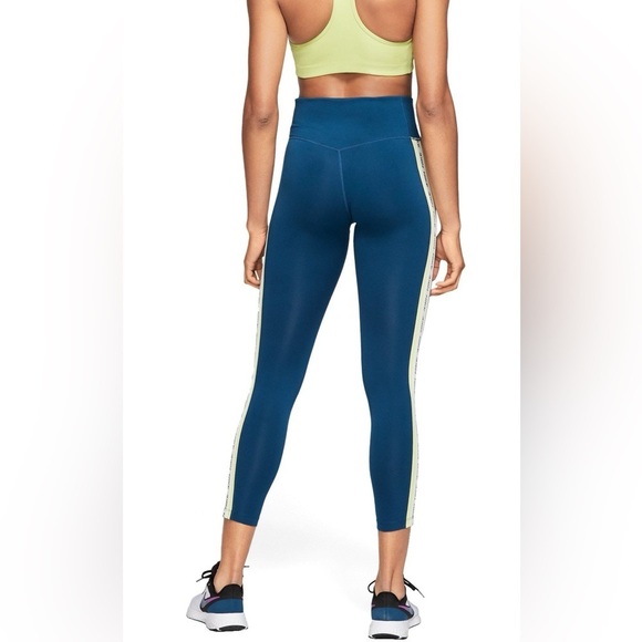 Nike Dri Fit Leggings Teal Striped White Neon Yellow Logo On Leg Size Large - Picture 6 of 15